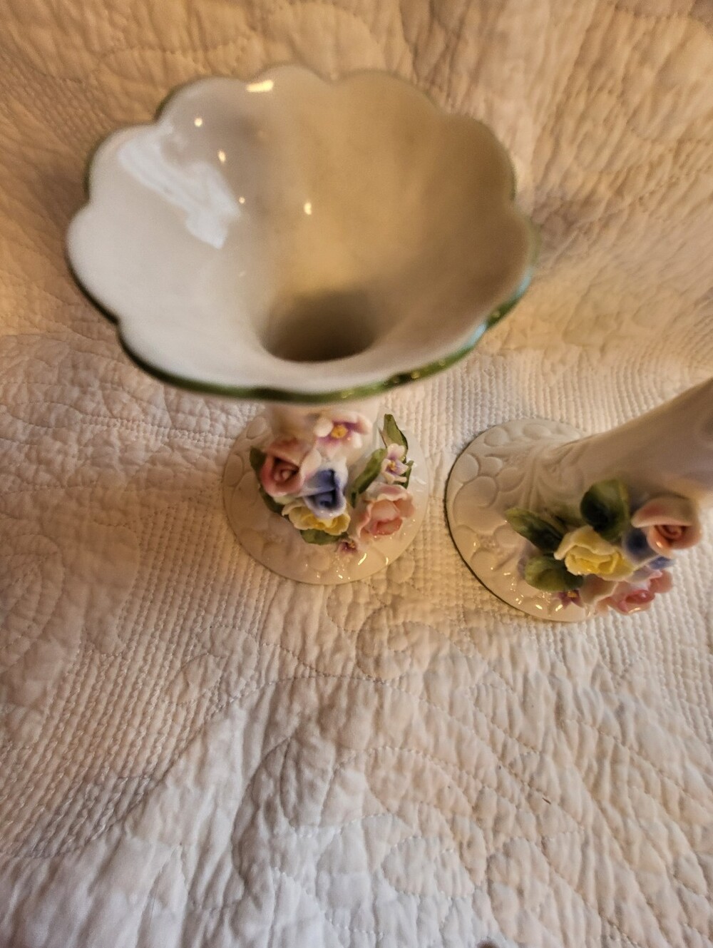 Set Of 2 Porcelain White Floral 5 Inch Candle Holders in with Pastel Roses - Picture 4 of 16